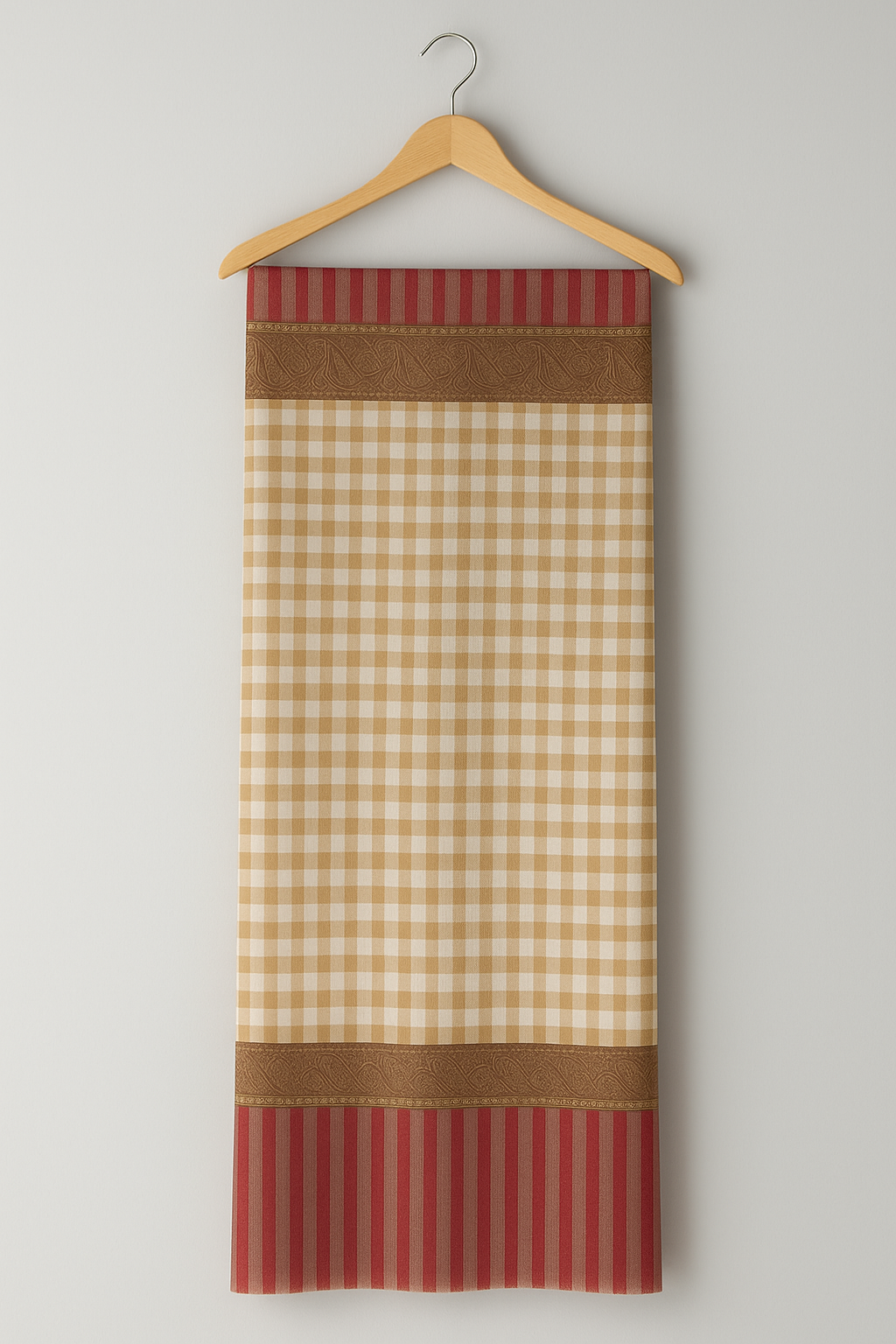 Beige Checkered Pashmina Shawl with Red Striped Borders