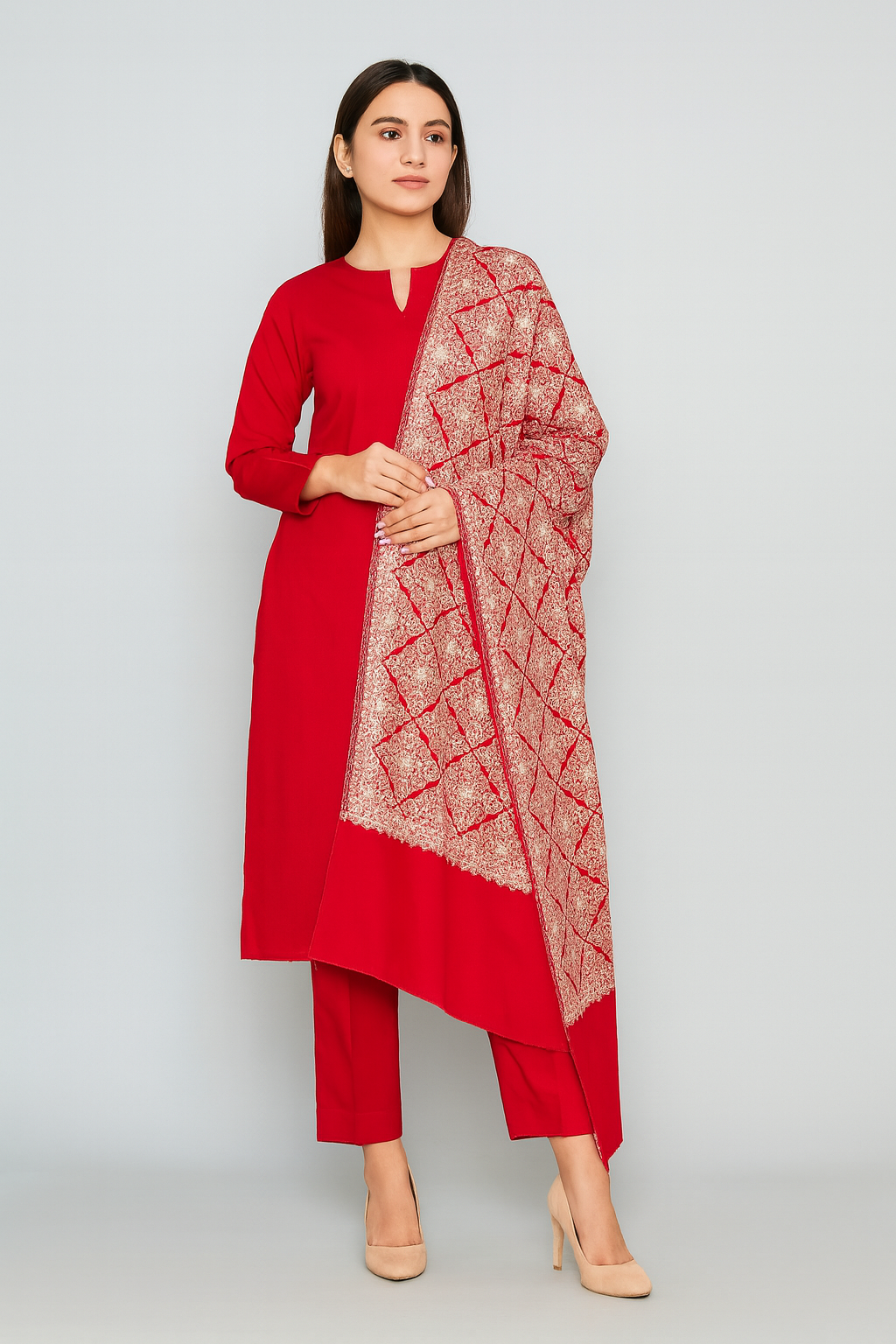Luxury Red Pashmina Shawl with Aari Embroidery