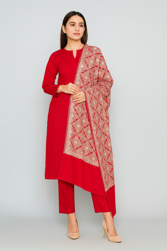 Luxury Red Pashmina Shawl with Aari Embroidery