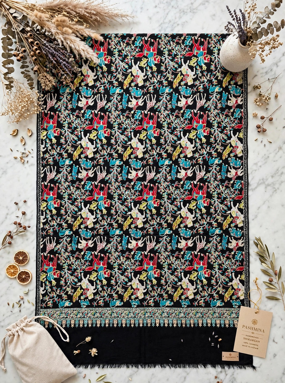 Black Shikargah Kani Pashmina Shawl  Multicolor Hunting Scene Embroidered Wool Shawl