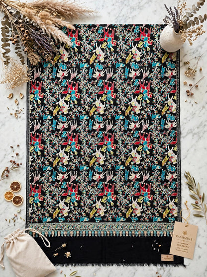 Black Shikargah Kani Pashmina Shawl  Multicolor Hunting Scene Embroidered Wool Shawl