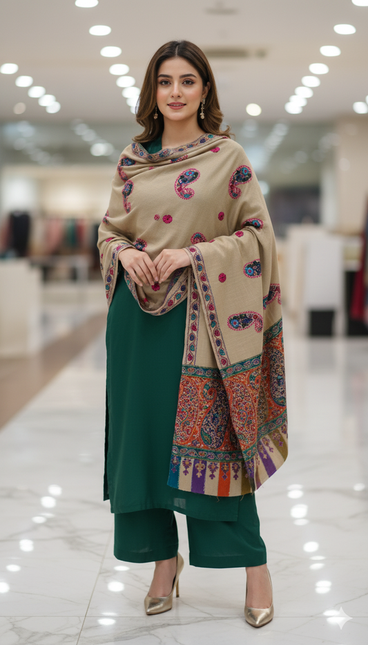 Embroidered Pashmina Shawl with Paisley & Ornate Border