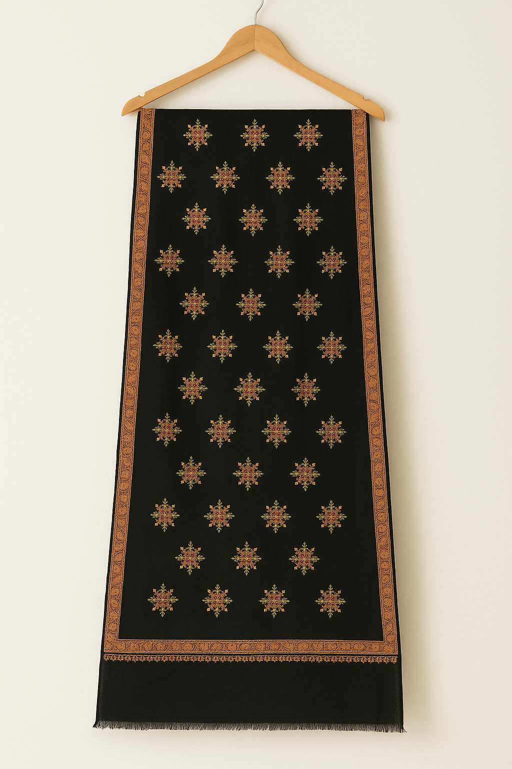 Luxury Black Pashmina Shawl with Golden & Maroon Embroidery