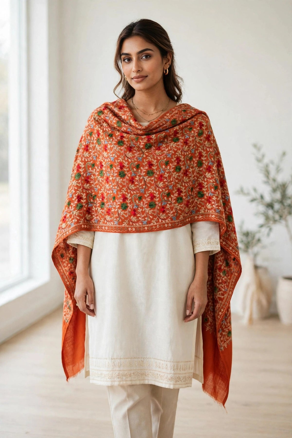 Rust Orange Pashmina Shawl with Aari Embroidery