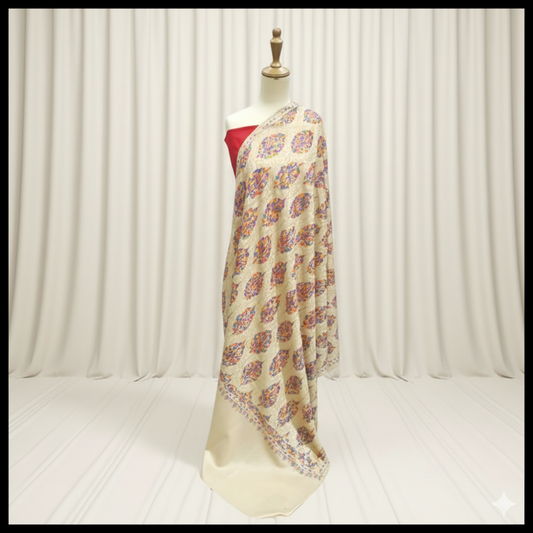 Embroidered Cream Pashmina Shawl with Floral Buta Art