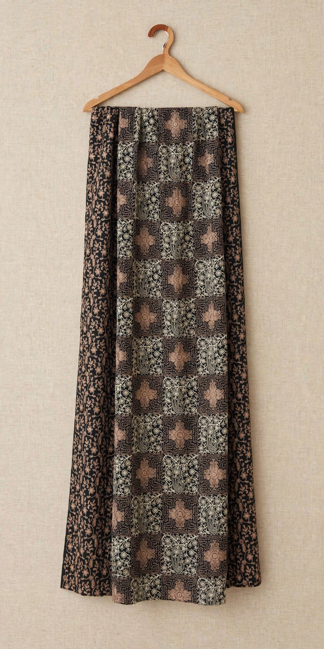 Noir Heritage Black Cashmere Pashmina Shawl with Cream & Beige Aari Work