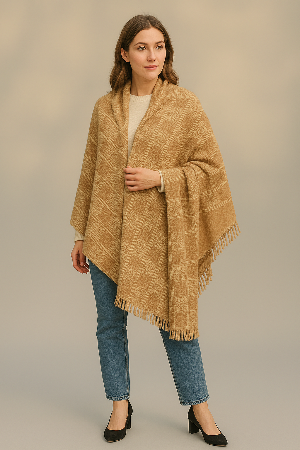 Elegant Beige Wool Stoler  Geometric Floral Pattern