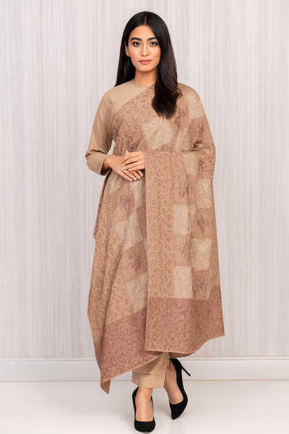 Elegant Pashmina Shawl with Aari Embroidery Warm Beige & Maroon Tones