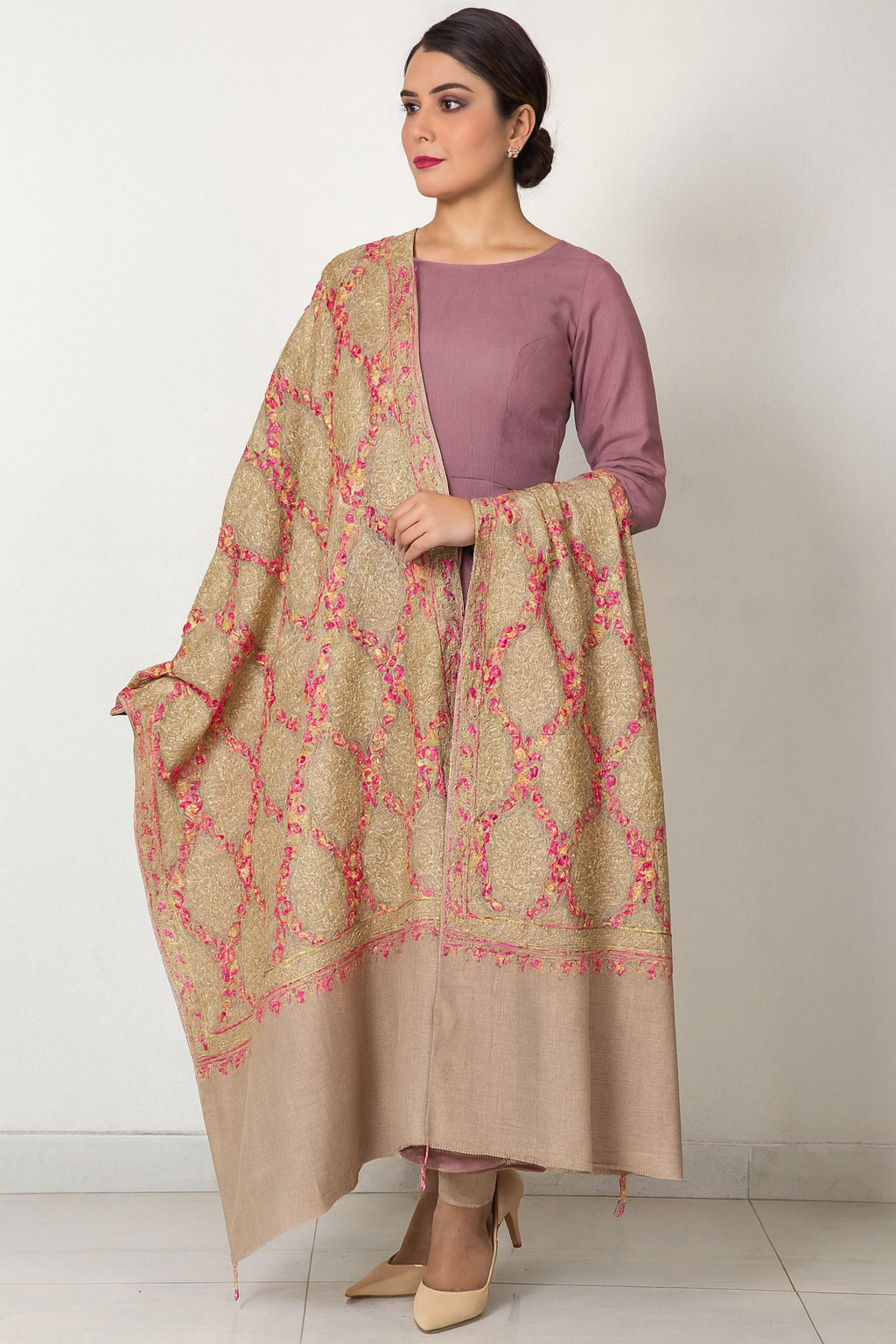 Luxury Pashmina Aari Embroidery Shawl  Beige & Rose Pink