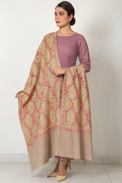 Luxury Pashmina Aari Embroidery Shawl  Beige & Rose Pink