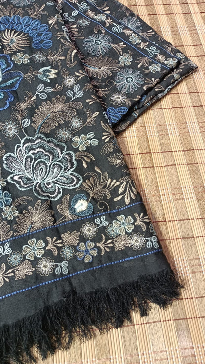 Luxury Karandi Embroidered Shawl – Black with Blue & Beige Aari Work