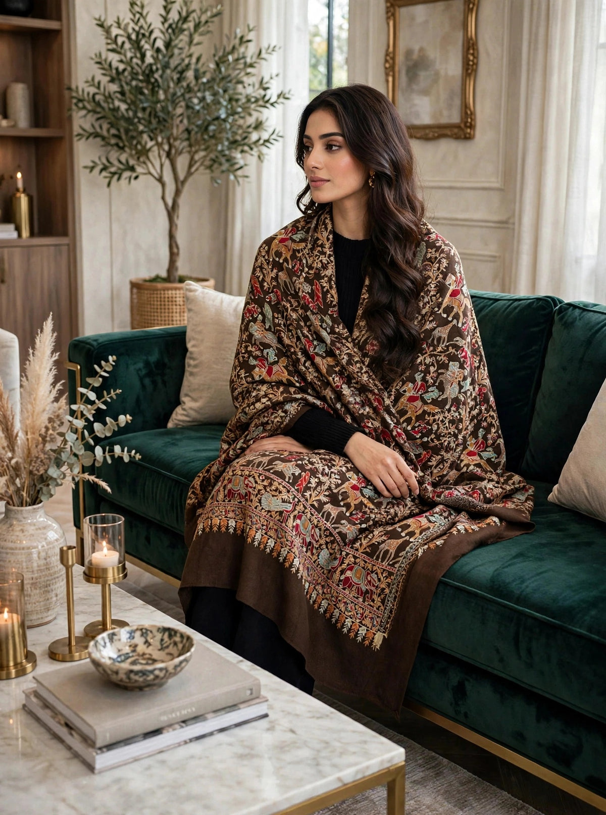 Brown Shikargah Pashmina Shawl with Nalki Embroidery