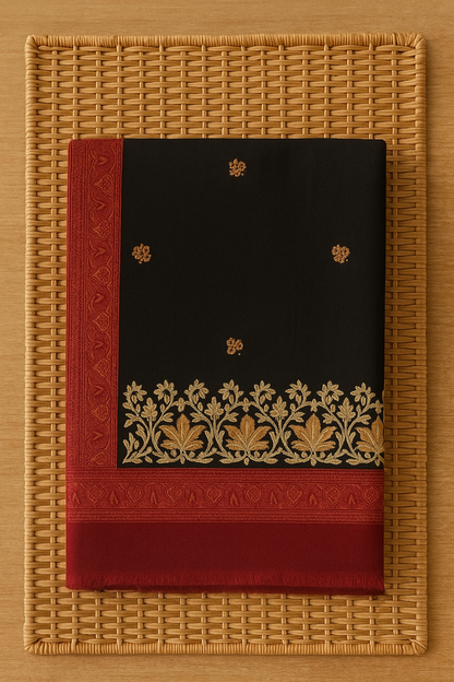 Luxury Black Pashmina Shawl with Maroon Border & Golden Embroidery