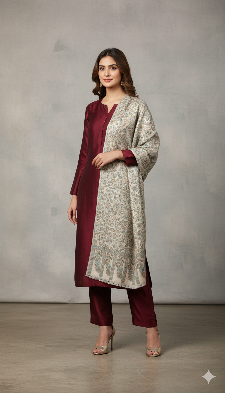 “Mini Kani Shawl – Soft Beige with Subtle Florals”