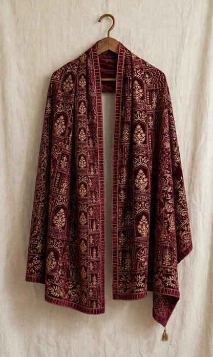 Luxurious Maroon Velvet Embroidered Shawl  Intricate Golden tilla Work Wrap