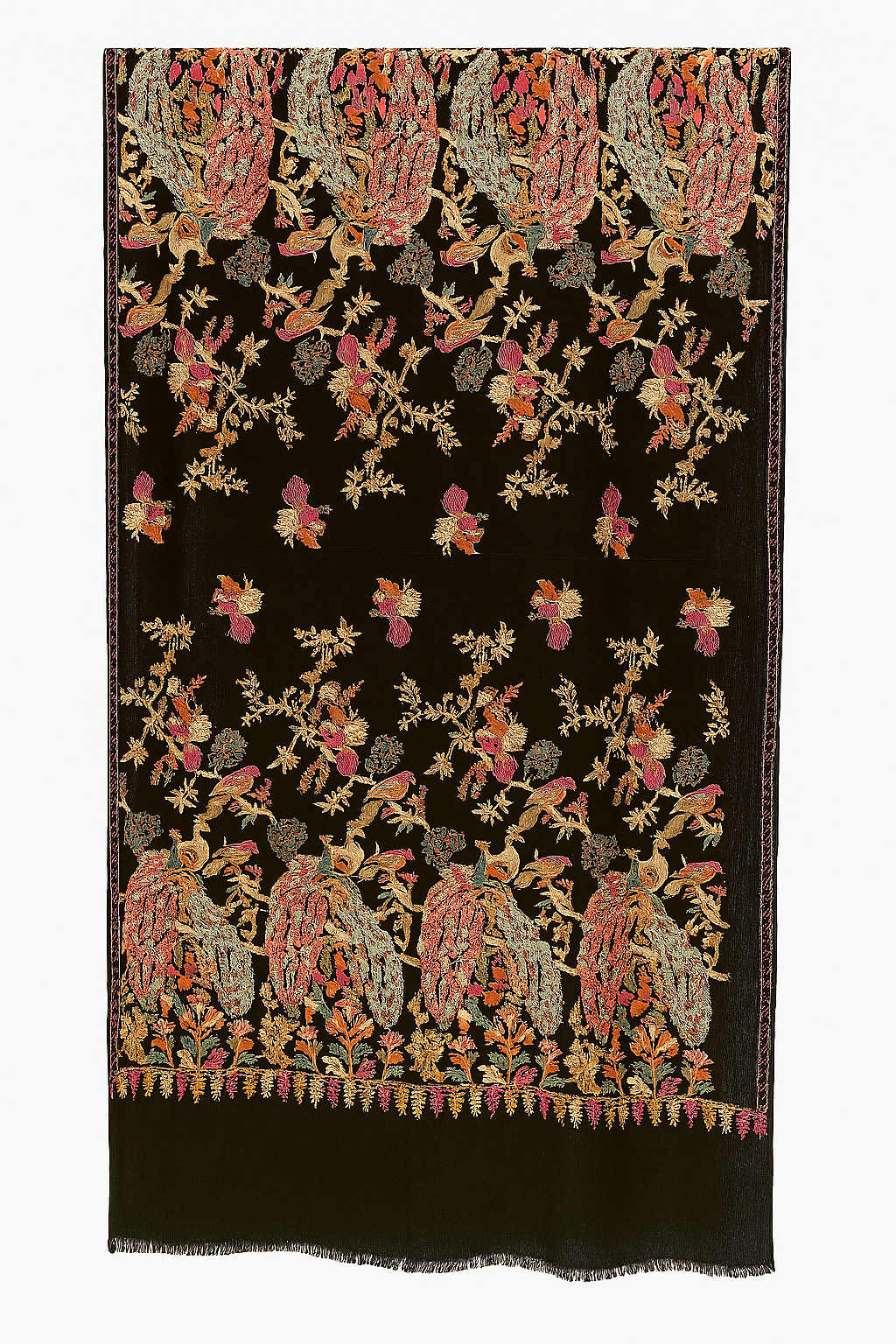 Luxury Peacock Embroidery Pashmina Shawl Midnight Black