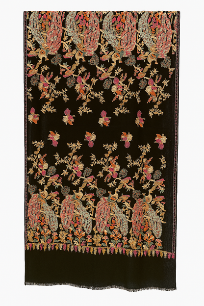 Luxury Peacock Embroidery Pashmina Shawl Midnight Black