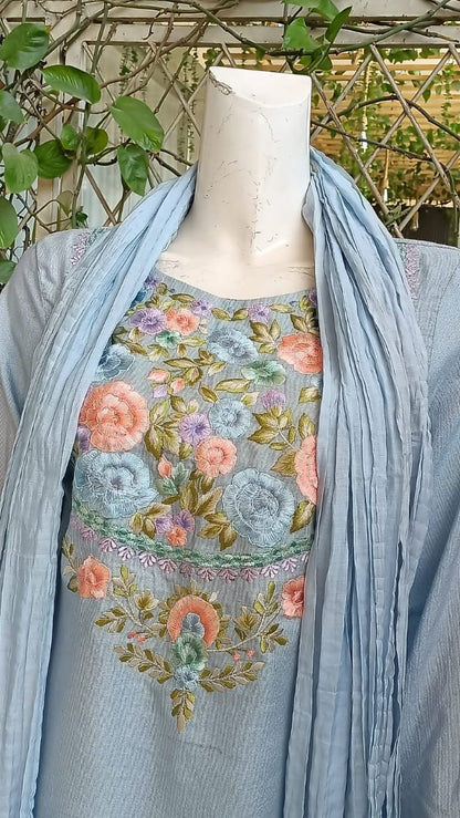 Powder Blue Embroidered Cotton Salwar Kameez Set  Floral Neckline & Sleeve Embroidery with Crushed Dupatta – Ready to Wear 3-Piece Suit
