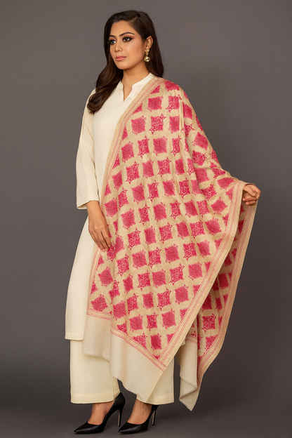 Luxury Pashmina Aari Embroidery Shawl – Red Motifs on Golden Base