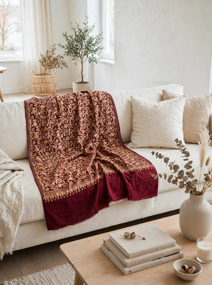 Maroon Pashmina Shawl Gold Aari Embroidery