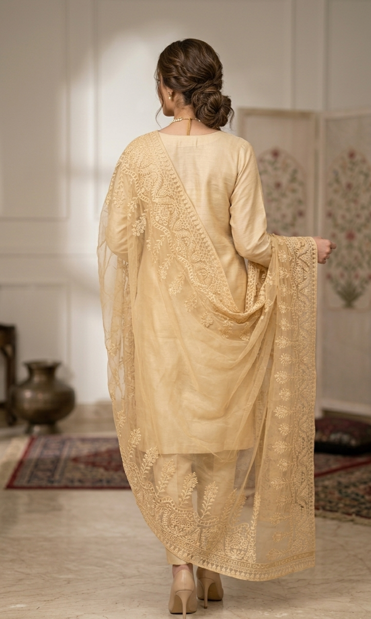 Beige Scalloped Soft Net Embroidered Dupatta