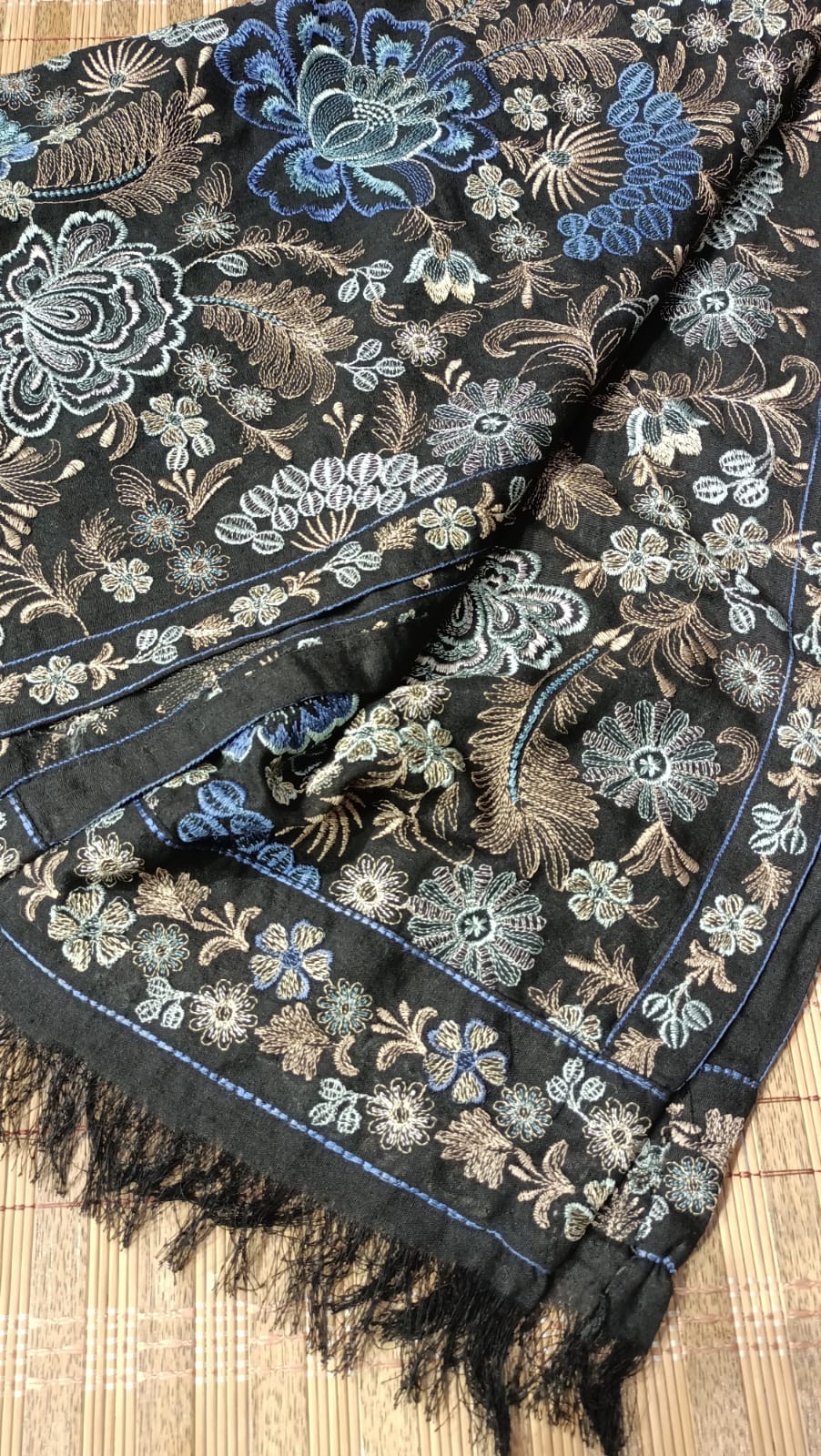 Luxury Karandi Embroidered Shawl – Black with Blue & Beige Aari Work