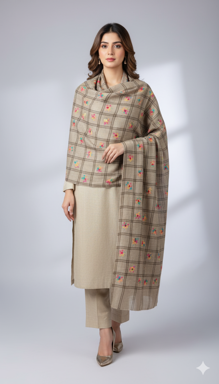Beige Checkered Pashmina Shawl with Multicolor Floral Embroidery