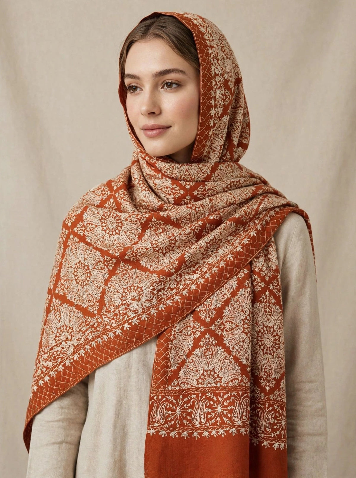 Rust Orange Nalki Embroidered Pashmina Shawl