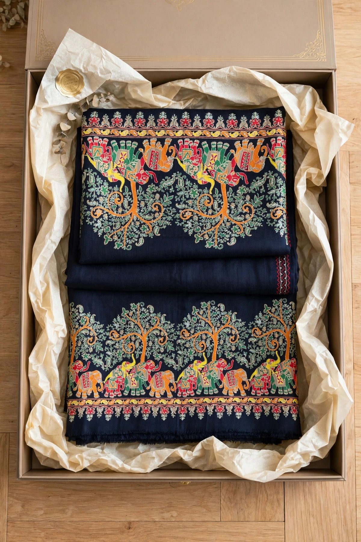Noir Mughal Baagh Pashmina Shawl - Navy Blue Elephant Embroidered Border Shawl