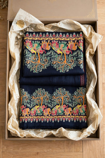 Noir Mughal Baagh Pashmina Shawl - Navy Blue Elephant Embroidered Border Shawl