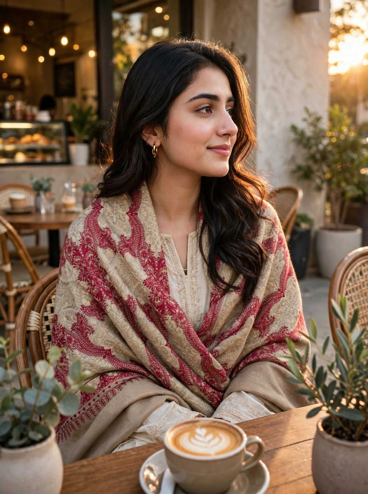 Beige Kashmiri Pashmina Shawl with Raspberry Pink Aari Embroidery
