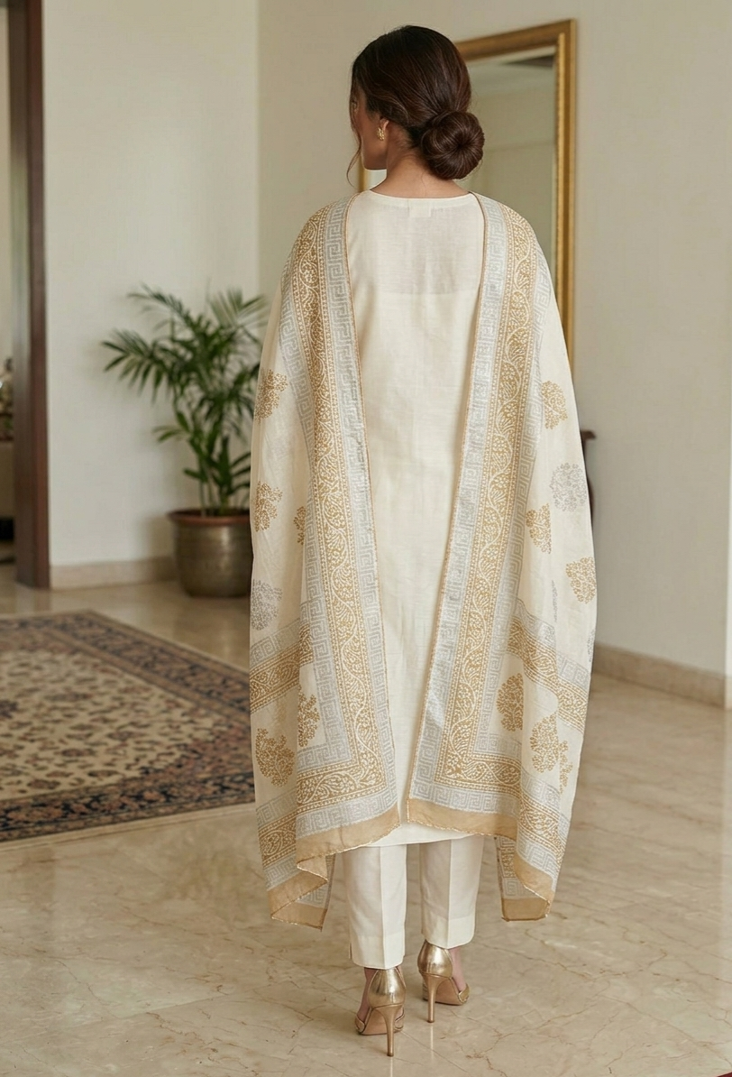 Hand-Block Printed Cotton Net Dupatta with Greek Key & Floral Border