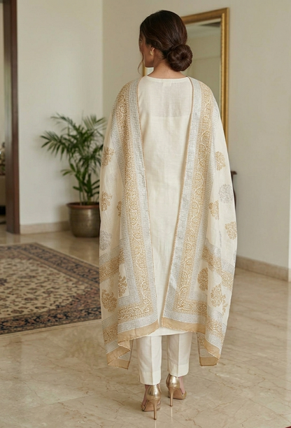 Hand-Block Printed Cotton Net Dupatta with Greek Key & Floral Border