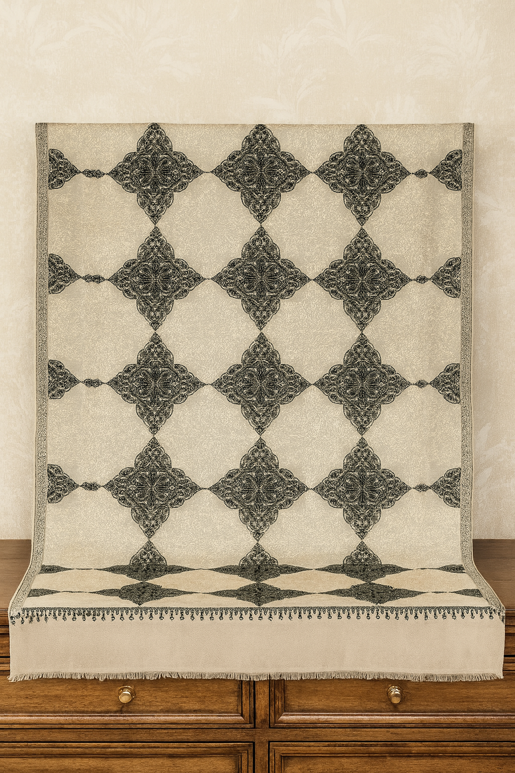 Luxury Pashmina Aari Embroidered Shawl Beige & Black