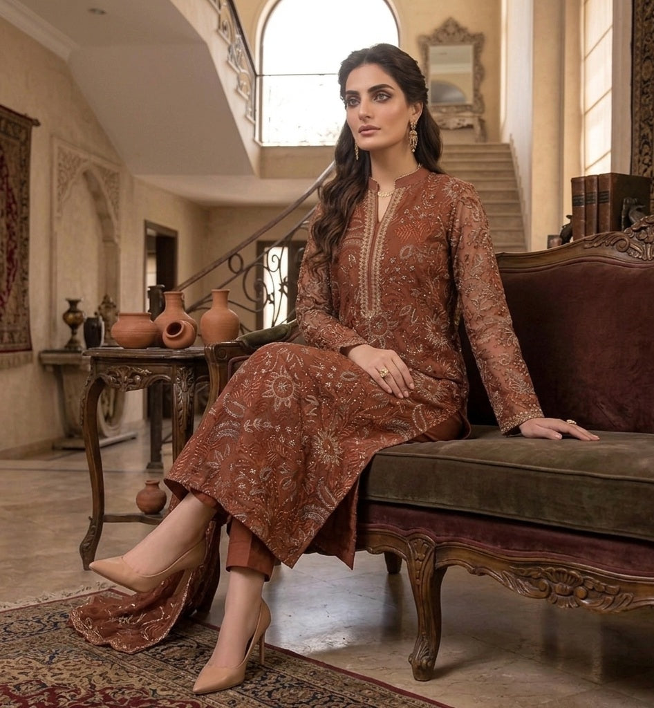 Rust Terracotta Laser-Cut Embroidered Net Shirt with Pure Chiffon Dupatta