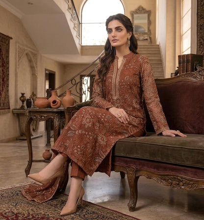 Rust Terracotta Laser-Cut Embroidered Net Shirt with Pure Chiffon Dupatta