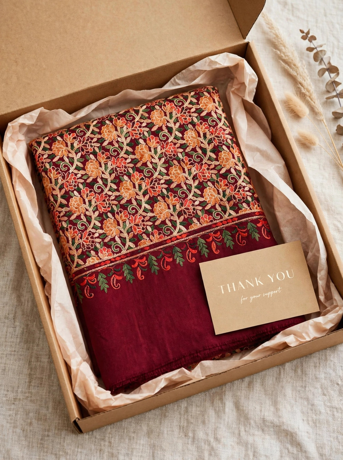 Embroidered Burgundy Pashmina Shawl - Heirloom Kashmiri Aari Work