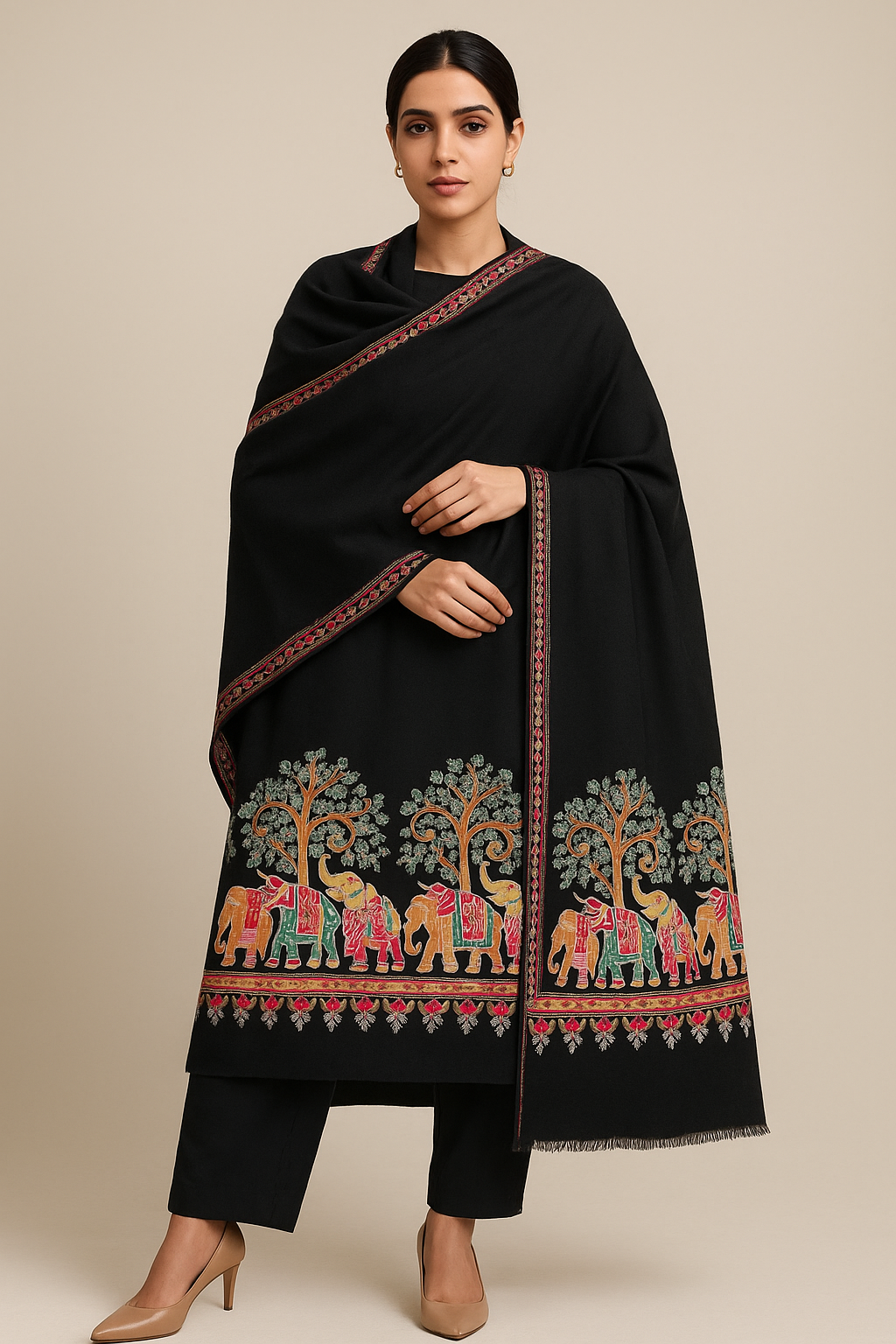 Luxury Pashmina Elephant Embroidery Shawl Black