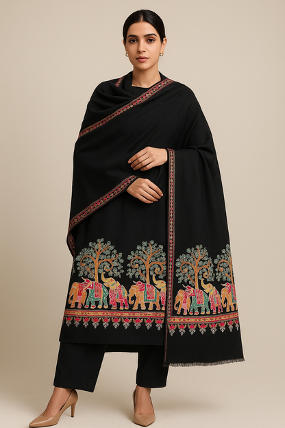 Luxury Pashmina Elephant Embroidery Shawl Black