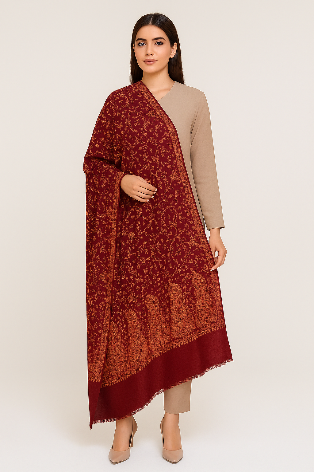 Deep maroon base with rust-gold needle embroidery.