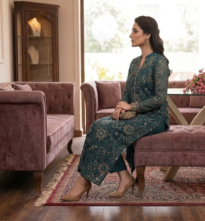 Teal Radiance: Laser-Cut Applique & Embroidered Chiffon Ensemble