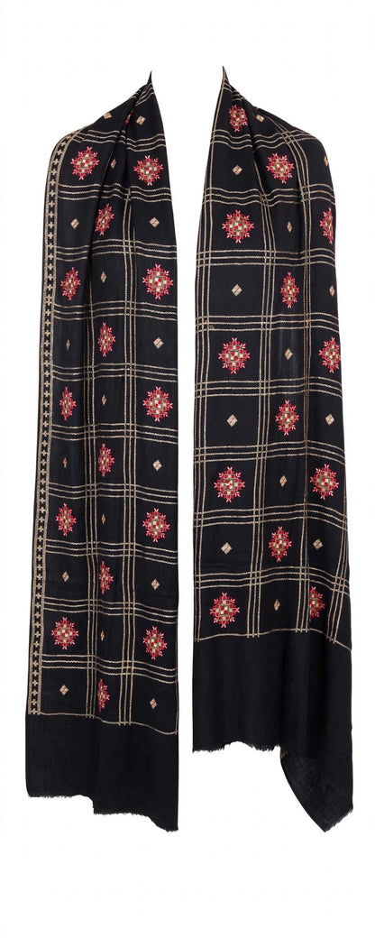 Noir Heritage - Black Embroidered Check Shawl with Red Motif