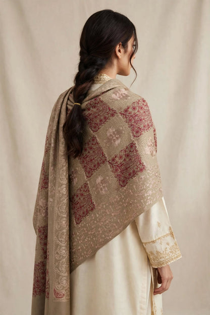 Beige Pashmina Aari Embroidery Shawl
