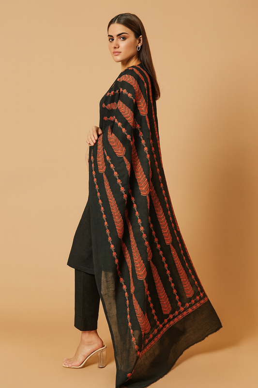 Black Karandi Embroidered Shawl Rust & Red Vertical Motif Design