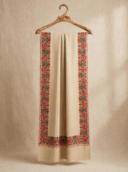 Beige Bloom - Pure Pashmina Aari Embroidered Shawl | Handmade Kashmiri Floral Border