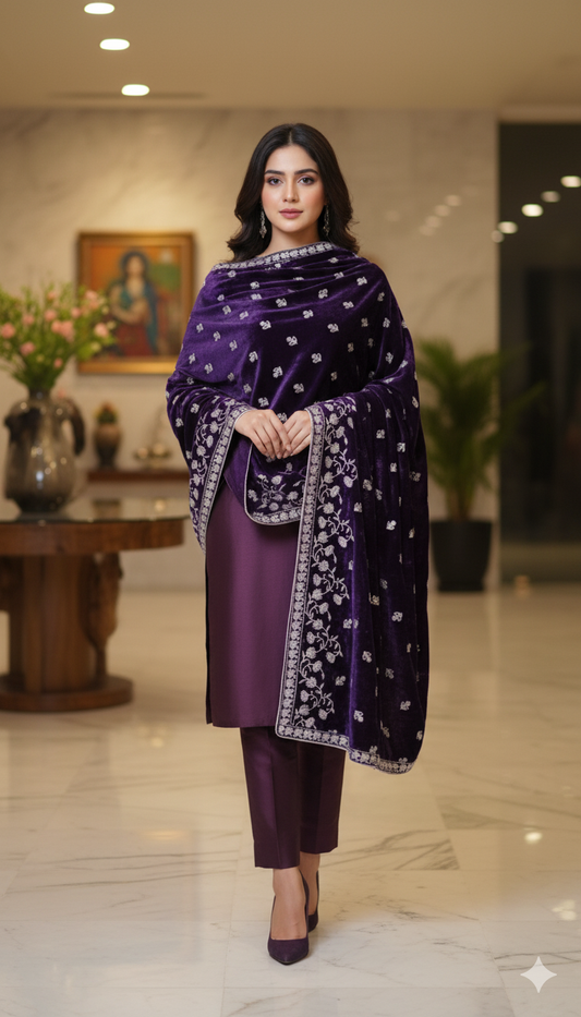 Royal Purple Velvet Embroidered Shawl