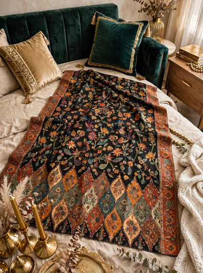Heirloom Black Floral Kani Silk Dupatta - Pure Handwoven Kashmiri Luxury