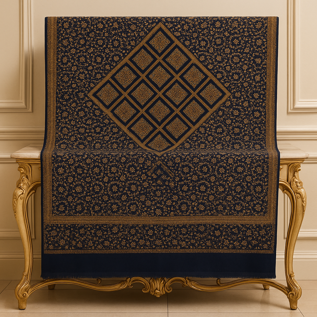 Luxury Navy Blue Pashmina Shawl  Floral Embroidery with Central Diamond Motif