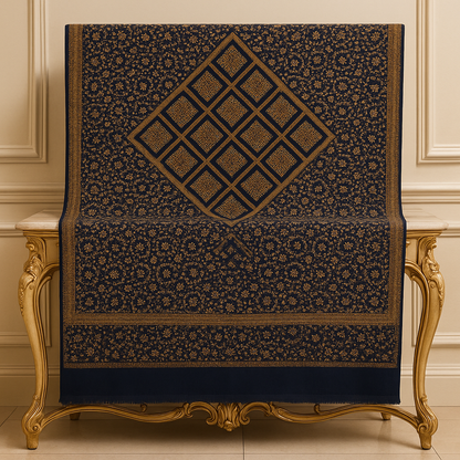 Luxury Navy Blue Pashmina Shawl  Floral Embroidery with Central Diamond Motif