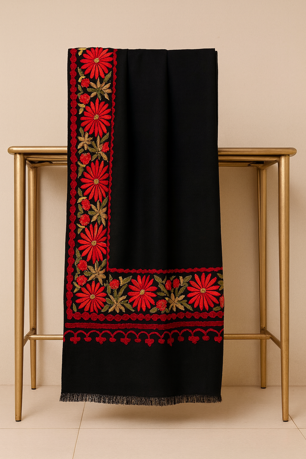 Luxury Black Pashmina Shawl with Red Aari Embroidered Floral Border